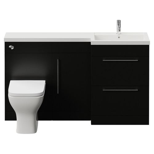 Napoli 390 Matt Black 1500mm 2 Drawer Vanity Unit Toilet Suite with Right Hand Square Lucia Basin Front View