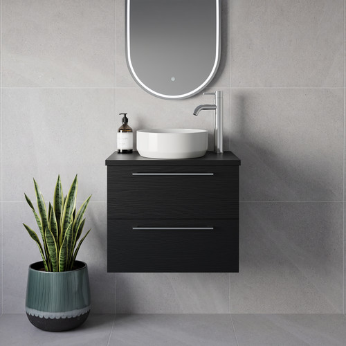 Napoli 390 Nero Oak 600mm Wall Mounted 2 Drawer Vanity Unit for Countertop Basins Lifestyle Image