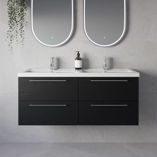 Napoli 390 Nero Oak 1200mm Wall Mounted 4 Drawer Vanity Unit with Double Lucia Basins Lifestyle Image