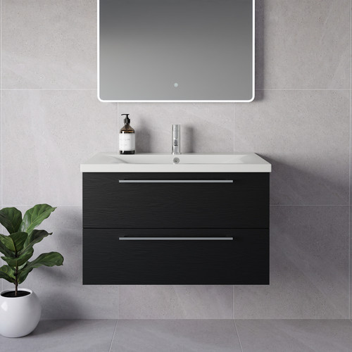 Napoli 460 Nero Oak 800mm Wall Mounted 2 Drawer Vanity Unit with Glide Basin Lifestyle Image