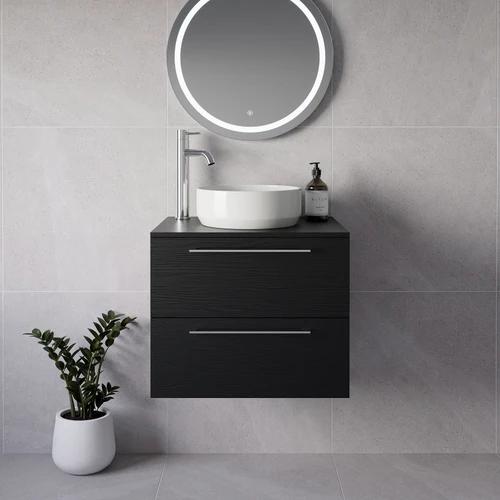 Napoli 460 Nero Oak 600mm Wall Mounted 2 Drawer Vanity Unit for Countertop Basins Lifestyle Image