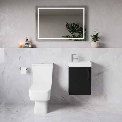 Napoli Cube Nero Oak 400mm Single Door Wall Mounted Vanity Unit and Toilet Suite with Align Basin Lifestyle Image