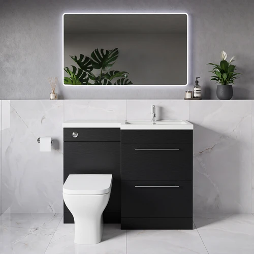 Napoli 390 Nero Oak 1100mm 2 Drawer Vanity Unit Toilet Suite with Square Right Hand Lucia Basin Lifestyle Image