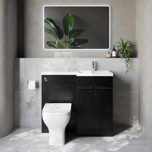 Napoli 390 Nero Oak 1000mm 2 Door Vanity Unit Toilet Suite with Right Hand Square Lucia Basin Lifestyle Image