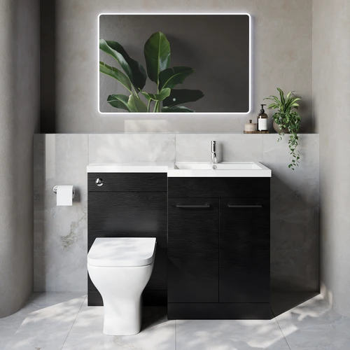 Napoli 460 Nero Oak 1100mm 2 Door Vanity Unit Toilet Suite with Right Hand Square Lucia Basin Lifestyle Image