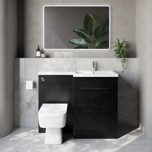Napoli 460 Nero Oak 1100mm 2 Drawer Vanity Unit Toilet Suite with Right Hand Square Lucia Basin Lifestyle Image