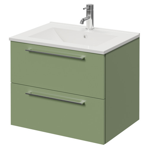 Napoli 460 Olive Green 600mm Wall Mounted 2 Drawer Vanity Unit with Angel Basin Right Hand View