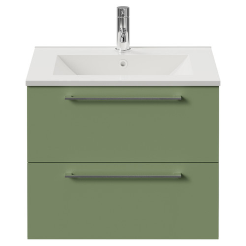 Napoli 460 Olive Green 600mm Wall Mounted 2 Drawer Vanity Unit with Angel Basin Front View