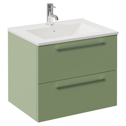 Napoli 460 Olive Green 600mm Wall Mounted 2 Drawer Vanity Unit with Angel Basin Left Hand View