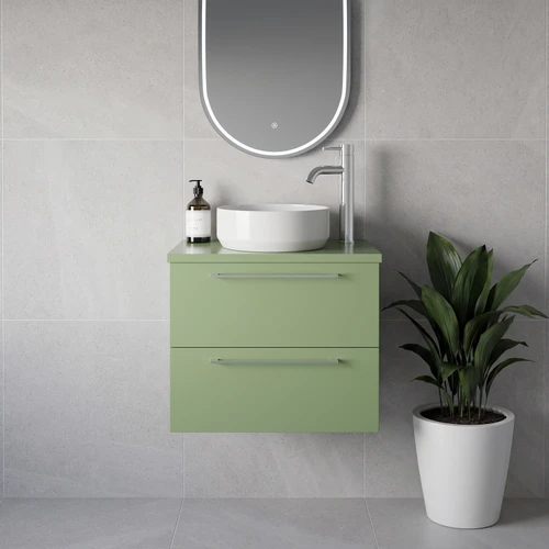 Napoli 390 Olive Green 600mm Wall Mounted 2 Drawer Vanity Unit for Countertop Basins Lifestyle Image