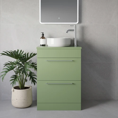 Napoli 390 Olive Green 600mm 2 Drawer Vanity Unit for Countertop Basins Lifestyle Image