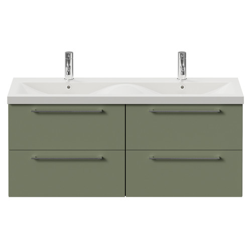 Napoli 390 Olive Green 1200mm Wall Mounted 4 Drawer Vanity Unit with Double Glide Basins Front View