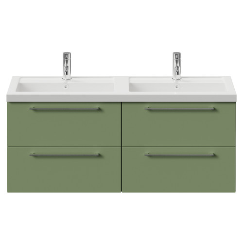 Napoli 390 Olive Green 1200mm Wall Mounted 4 Drawer Vanity Unit with Double Lucia Basins Front View
