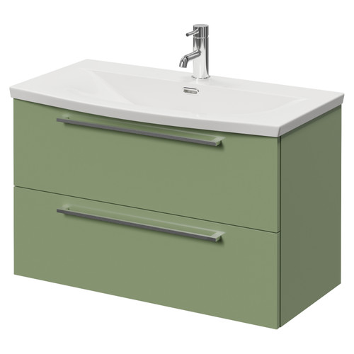 Napoli 390 Olive Green 800mm Wall Mounted 2 Drawer Vanity Unit with Arc Basin Right Hand View