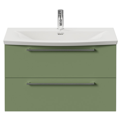 Napoli 390 Olive Green 800mm Wall Mounted 2 Drawer Vanity Unit with Arc Basin Front View