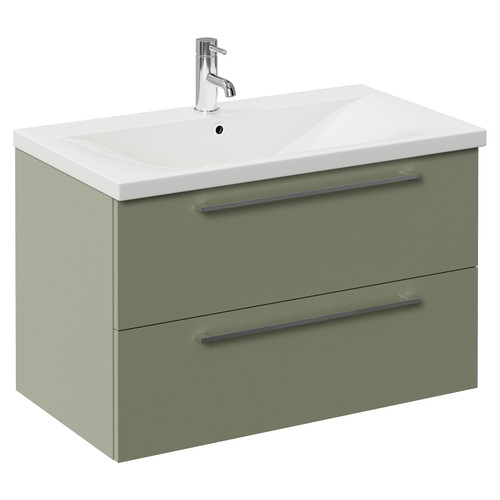 Napoli 460 Olive Green 800mm Wall Mounted 2 Drawer Vanity Unit with Glide Basin Left Hand View