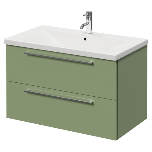 Napoli 460 Olive Green 800mm Wall Mounted 2 Drawer Vanity Unit with Glide Basin Right Hand View