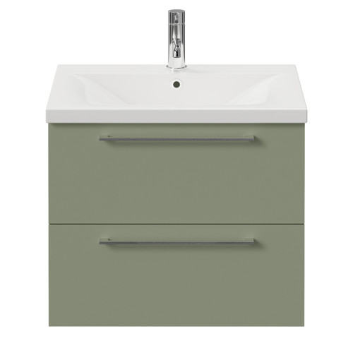 Napoli 460 Olive Green 600mm Wall Mounted 2 Drawer Vanity Unit with Glide Basin Front View