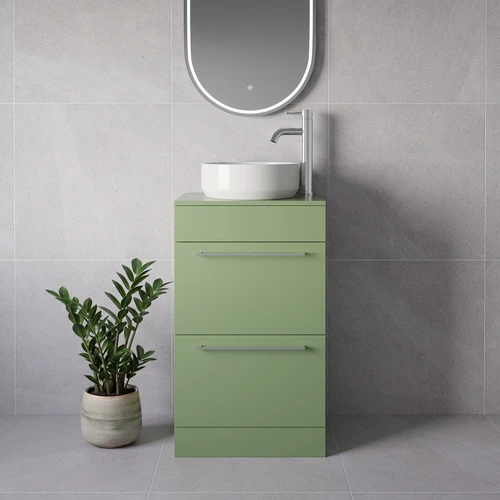 Napoli 390 Olive Green 500mm 2 Drawer Vanity Unit for Countertop Basins Lifestyle Image