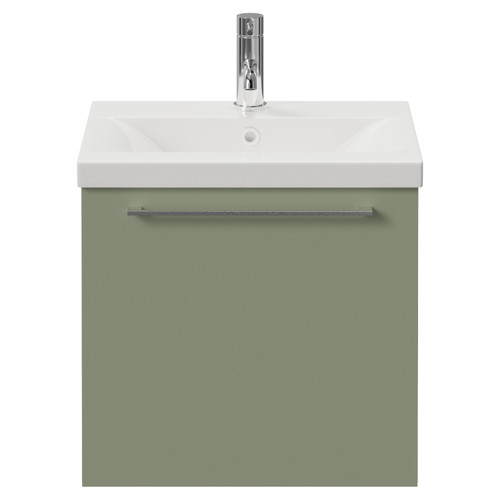 Napoli 390 Olive Green 500mm Wall Mounted Single Drawer Vanity Unit with Glide Basin Front View