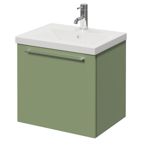 Napoli 390 Olive Green 500mm Wall Mounted Single Drawer Vanity Unit with Glide Basin Right Hand View