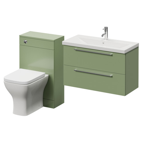 Napoli 390 Olive Green 1300mm Wall Mounted 2 Drawer Vanity Unit and Toilet Suite with Glide Basin Right Hand View
