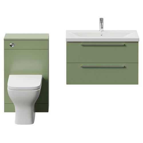 Napoli 390 Olive Green 1300mm Wall Mounted 2 Drawer Vanity Unit and Toilet Suite with Glide Basin Front View