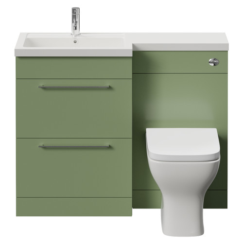 Napoli 390 Olive Green 1100mm 2 Drawer Vanity Unit Toilet Suite with Square Left Hand Lucia Basin Front View