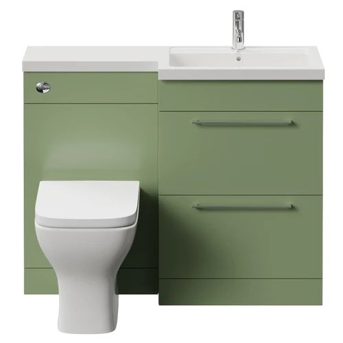 Napoli 390 Olive Green 1100mm 2 Drawer Vanity Unit Toilet Suite with Square Right Hand Lucia Basin Front View
