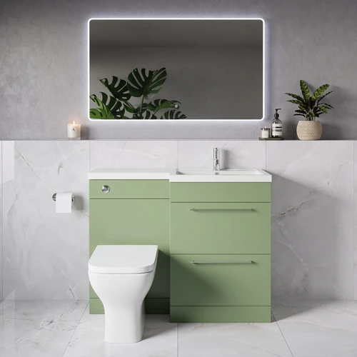 Napoli 390 Olive Green 1100mm 2 Drawer Vanity Unit Toilet Suite with Square Right Hand Lucia Basin Lifestyle Image