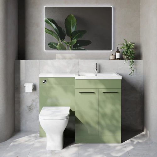 Napoli 460 Olive Green 1100mm 2 Door Vanity Unit Toilet Suite with Right Hand Square Lucia Basin Lifestyle Image