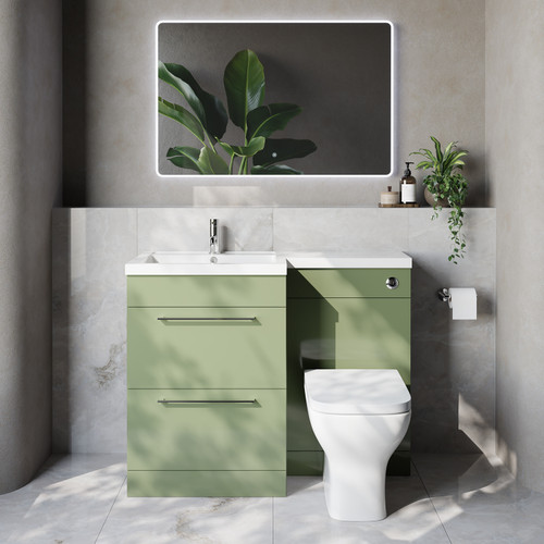 Napoli 460 Olive Green 1100mm 2 Drawer Vanity Unit Toilet Suite with Left Hand Square Lucia Basin Lifestyle Image