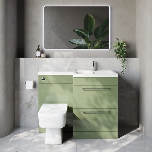 Napoli 460 Olive Green 1100mm 2 Drawer Vanity Unit Toilet Suite with Right Hand Square Lucia Basin Lifestyle Image