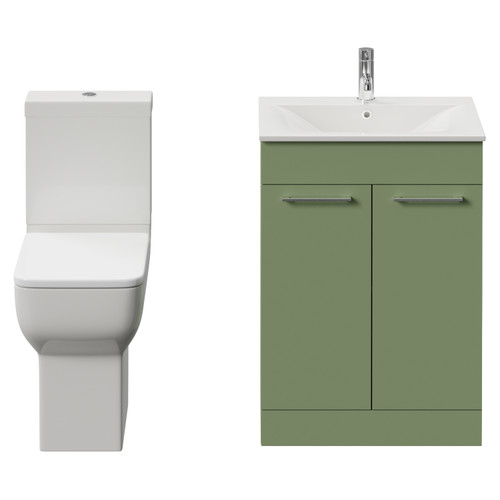 Napoli 460 Olive Green 600mm 2 Door Vanity Unit and Tacoma Comfort Height Toilet Suite with Angel Basin Front View