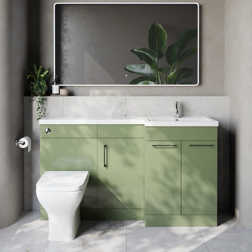 Napoli 390 Olive Green 1500mm 3 Door Vanity Unit Toilet Suite with Right Hand Square Lucia Basin Lifestyle Image