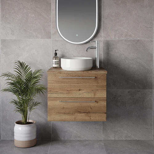 Napoli 390 Tobacco Oak 600mm Wall Mounted 2 Drawer Vanity Unit for Countertop Basins Lifestyle Image