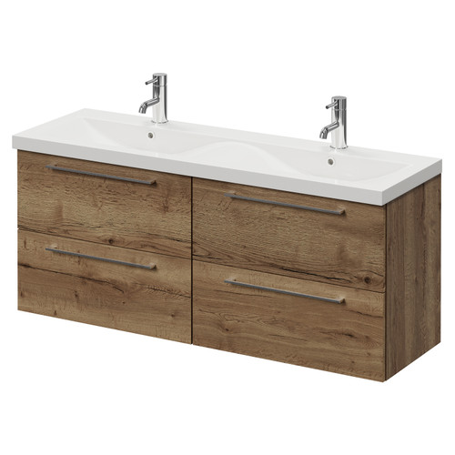 Napoli 390 Tobacco Oak 1200mm Wall Mounted 4 Drawer Vanity Unit with Double Glide Basins Right Hand View
