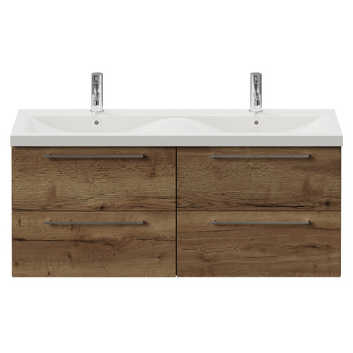 Napoli 390 Tobacco Oak 1200mm Wall Mounted 4 Drawer Vanity Unit with Double Glide Basins Front View