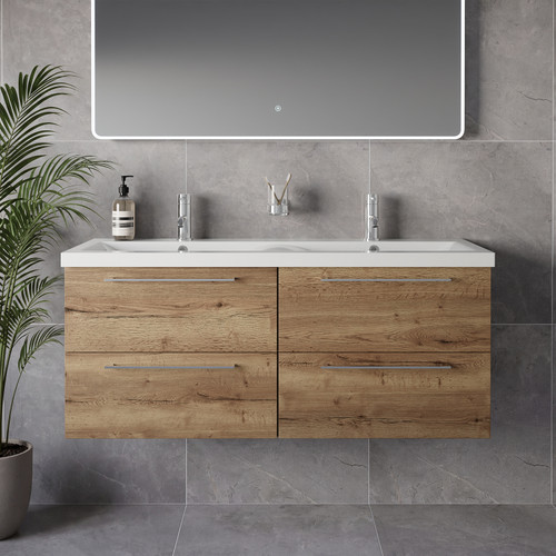 Napoli 390 Tobacco Oak 1200mm Wall Mounted 4 Drawer Vanity Unit with Double Glide Basins Lifestyle Image