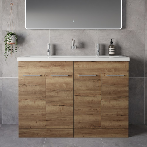 Napoli 390 Tobacco Oak 1200mm 4 Door Vanity Unit with Double Glide Basins Lifestyle Image