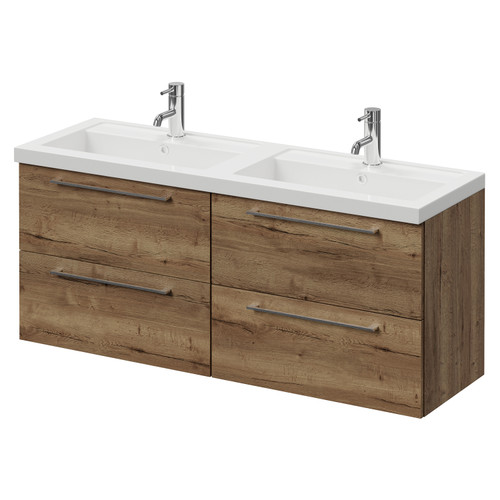 Napoli 390 Tobacco Oak 1200mm Wall Mounted 4 Drawer Vanity Unit with Double Lucia Basins Right Hand View
