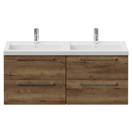Napoli 390 Tobacco Oak 1200mm Wall Mounted 4 Drawer Vanity Unit with Double Lucia Basins Front View