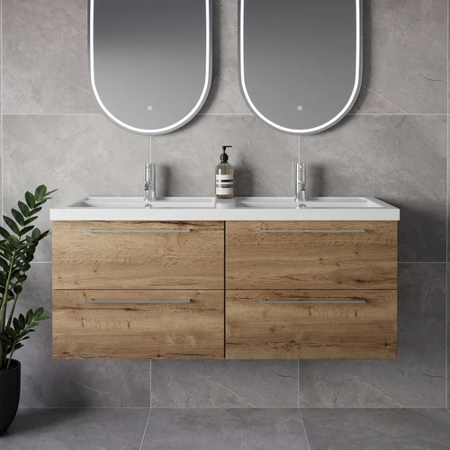 Napoli 390 Tobacco Oak 1200mm Wall Mounted 4 Drawer Vanity Unit with Double Lucia Basins Lifestyle Image