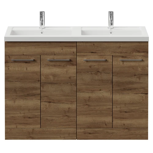 Napoli 390 Tobacco Oak 1200mm 4 Door Vanity Unit with Double Lucia Basins Front View