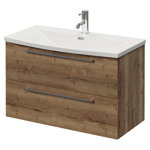 Napoli 390 Tobacco Oak 800mm Wall Mounted 2 Drawer Vanity Unit with Arc Basin Right Hand View