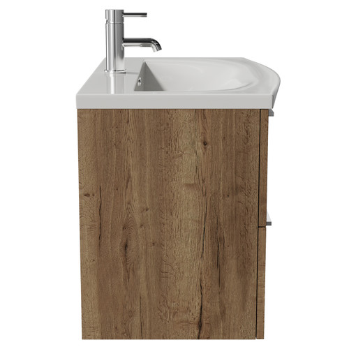 Napoli 390 Tobacco Oak 800mm Wall Mounted 2 Drawer Vanity Unit with Arc Basin Side View