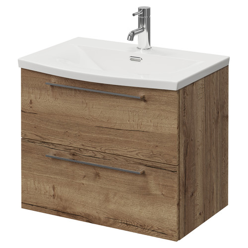 Napoli 390 Tobacco Oak 600mm Wall Mounted 2 Drawer Vanity Unit with Arc Basin Right Hand View