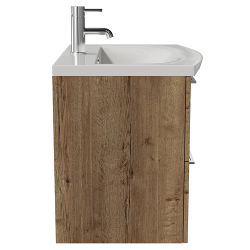 Napoli 390 Tobacco Oak 600mm Wall Mounted 2 Drawer Vanity Unit with Arc Basin Side View