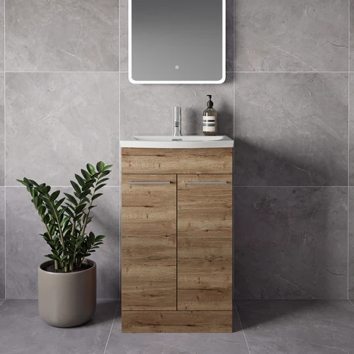 Napoli 390 Tobacco Oak 500mm 2 Door Vanity Unit with Arc Basin Lifestyle Image