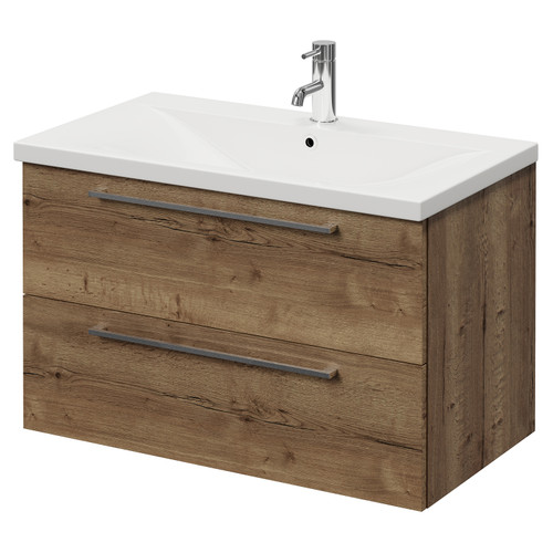 Napoli 460 Tobacco Oak 800mm Wall Mounted 2 Drawer Vanity Unit with Glide Basin Right Hand View